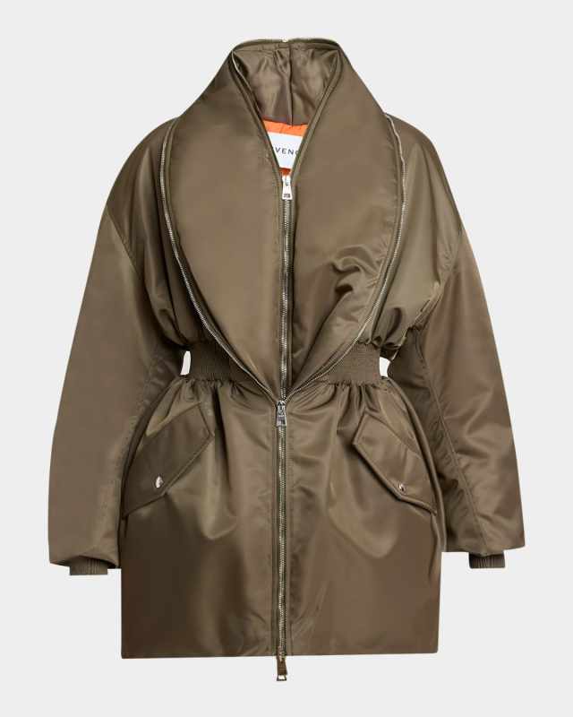 Dual-Zipper Shawl Collar Bomber Jacket